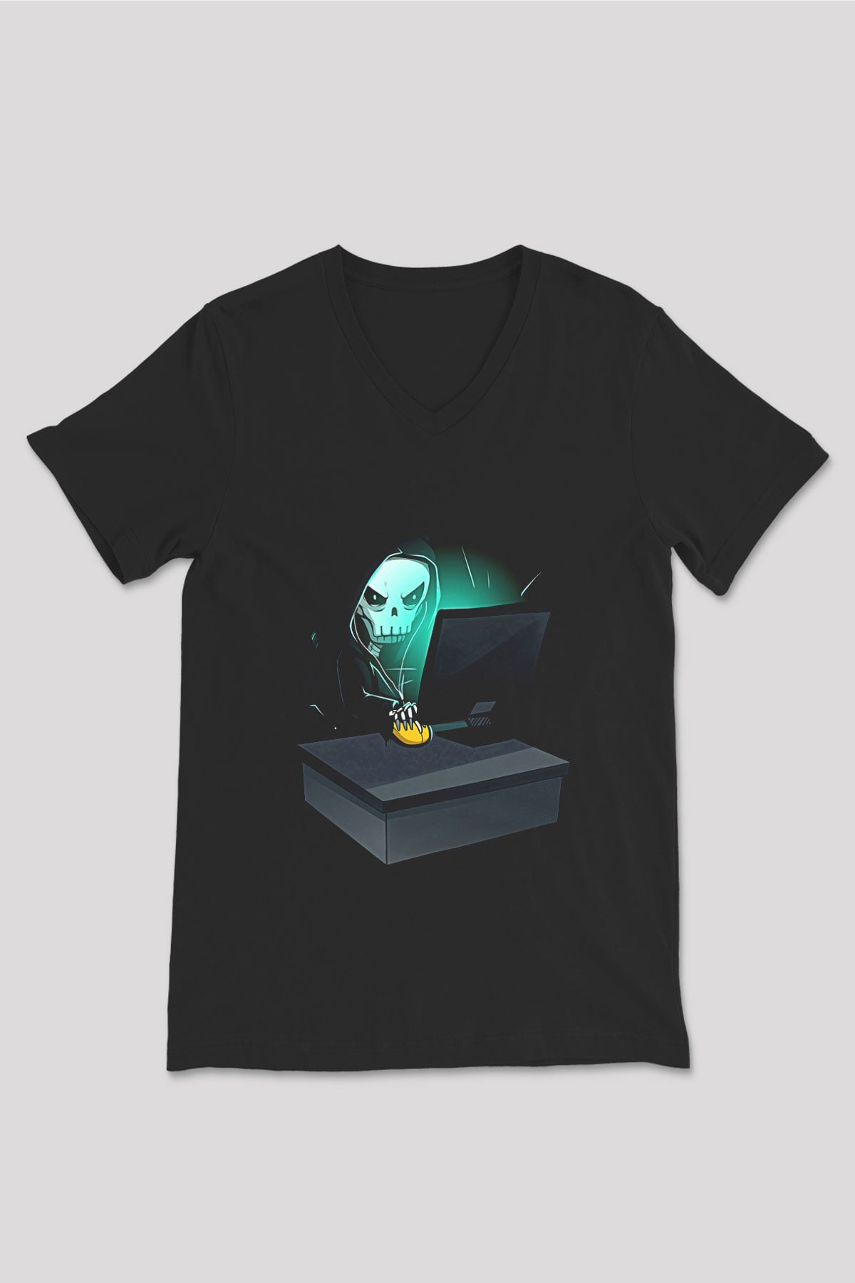 Hacker Baskılı Unisex Siyah V Yaka Tişört - Tshirt