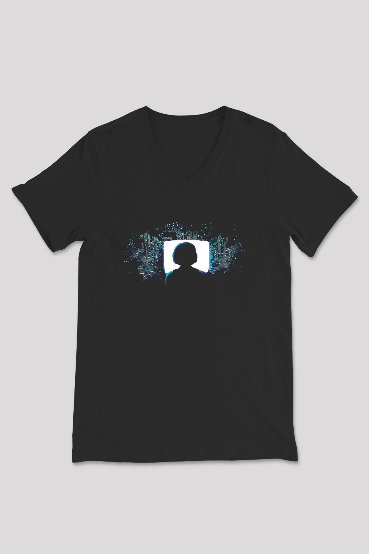 Hacker Baskılı Unisex Siyah V Yaka Tişört - Tshirt
