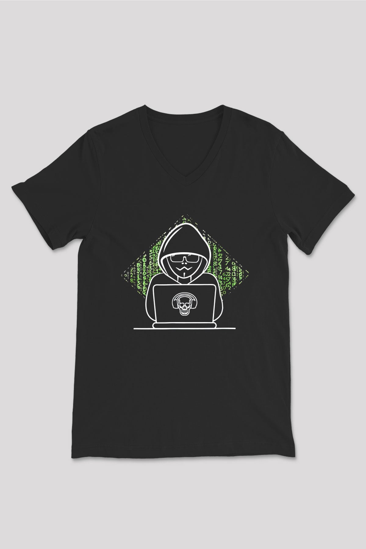 Hacker Baskılı Unisex Siyah V Yaka Tişört - Tshirt
