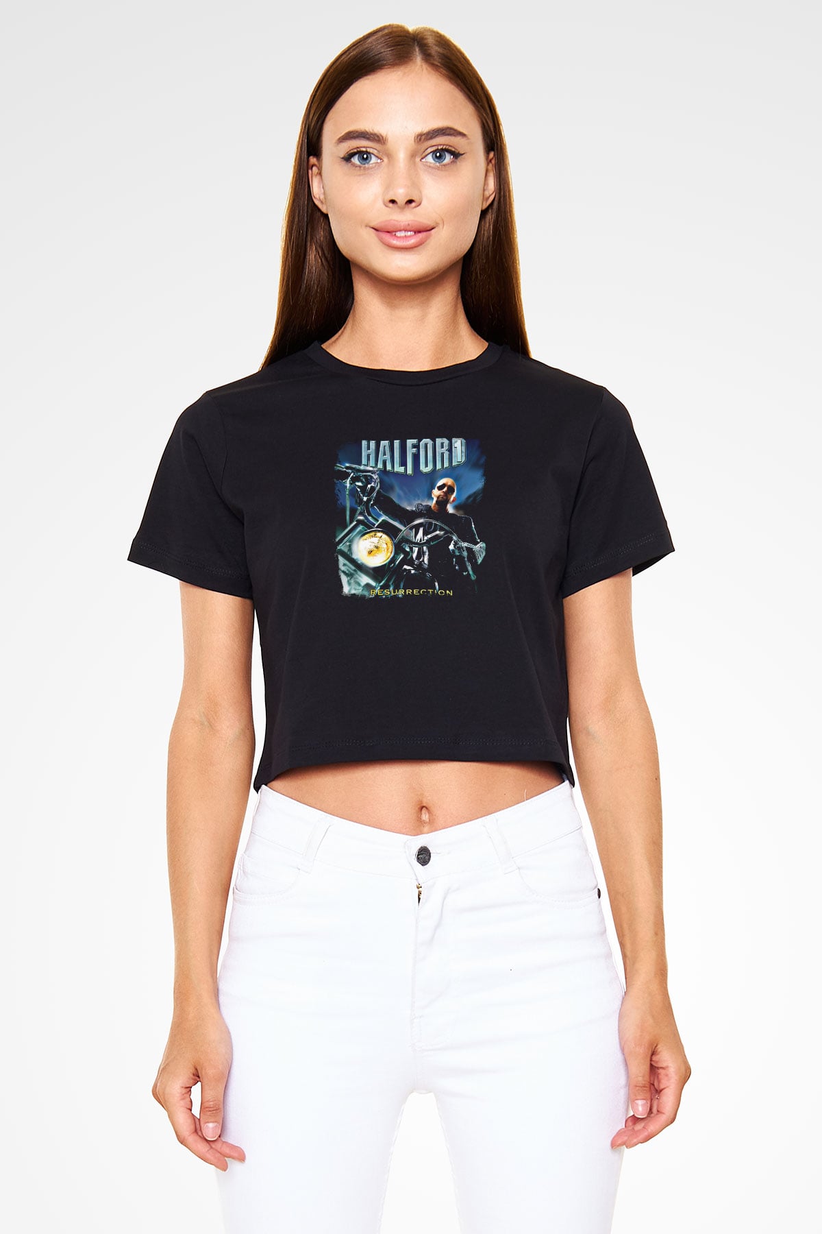 Halford Baskılı Unisex Siyah Crop Top Tişört