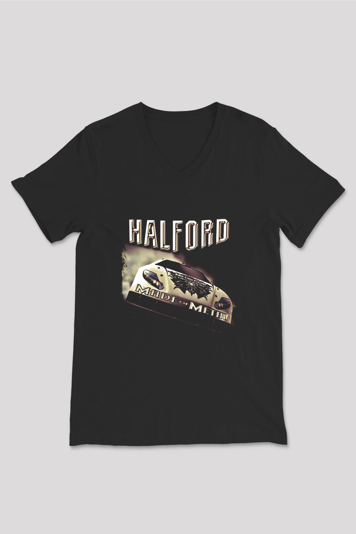 Halford Baskılı Unisex Siyah V Yaka Tişört