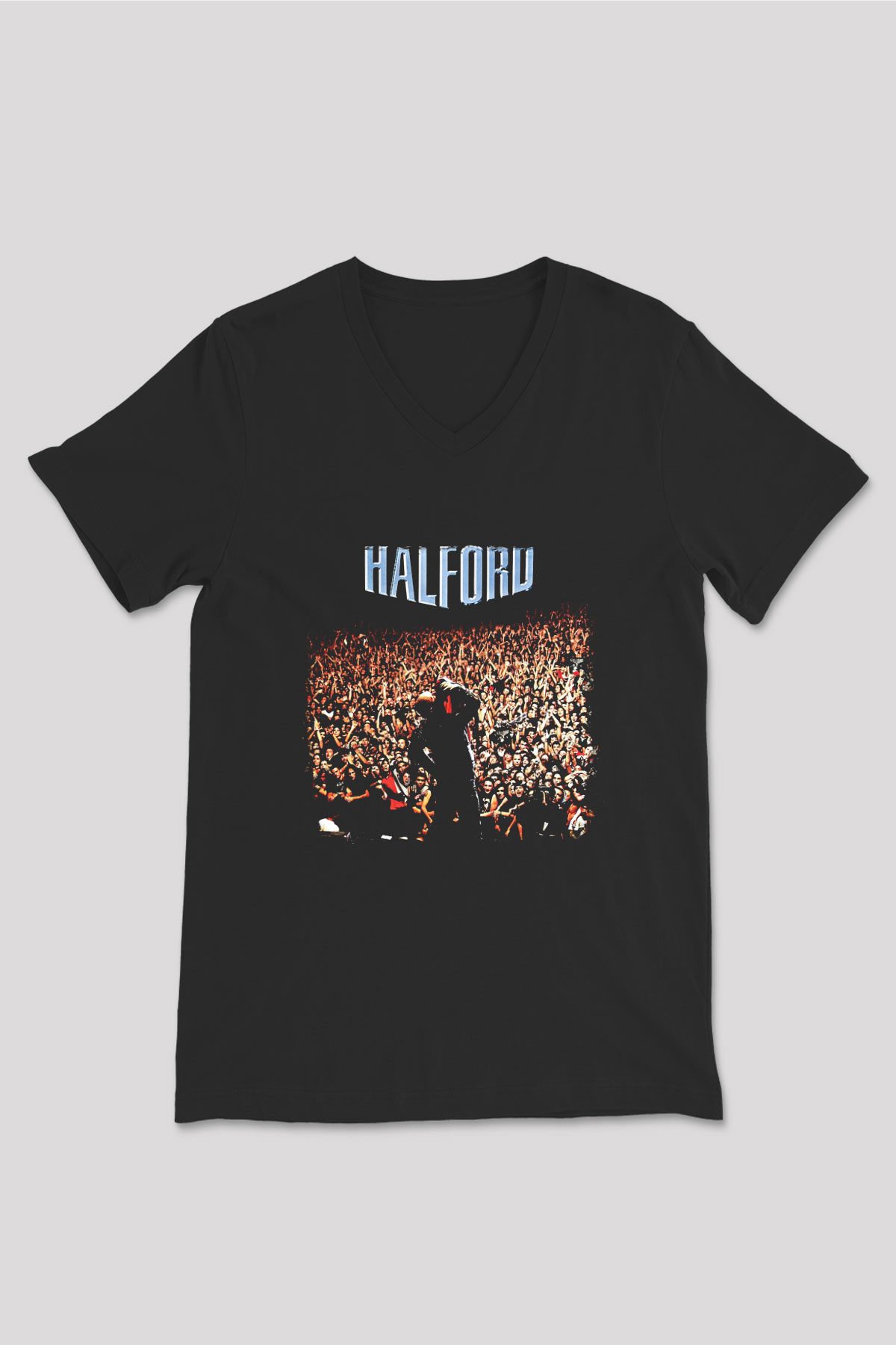 Halford Baskılı Unisex Siyah V Yaka Tişört