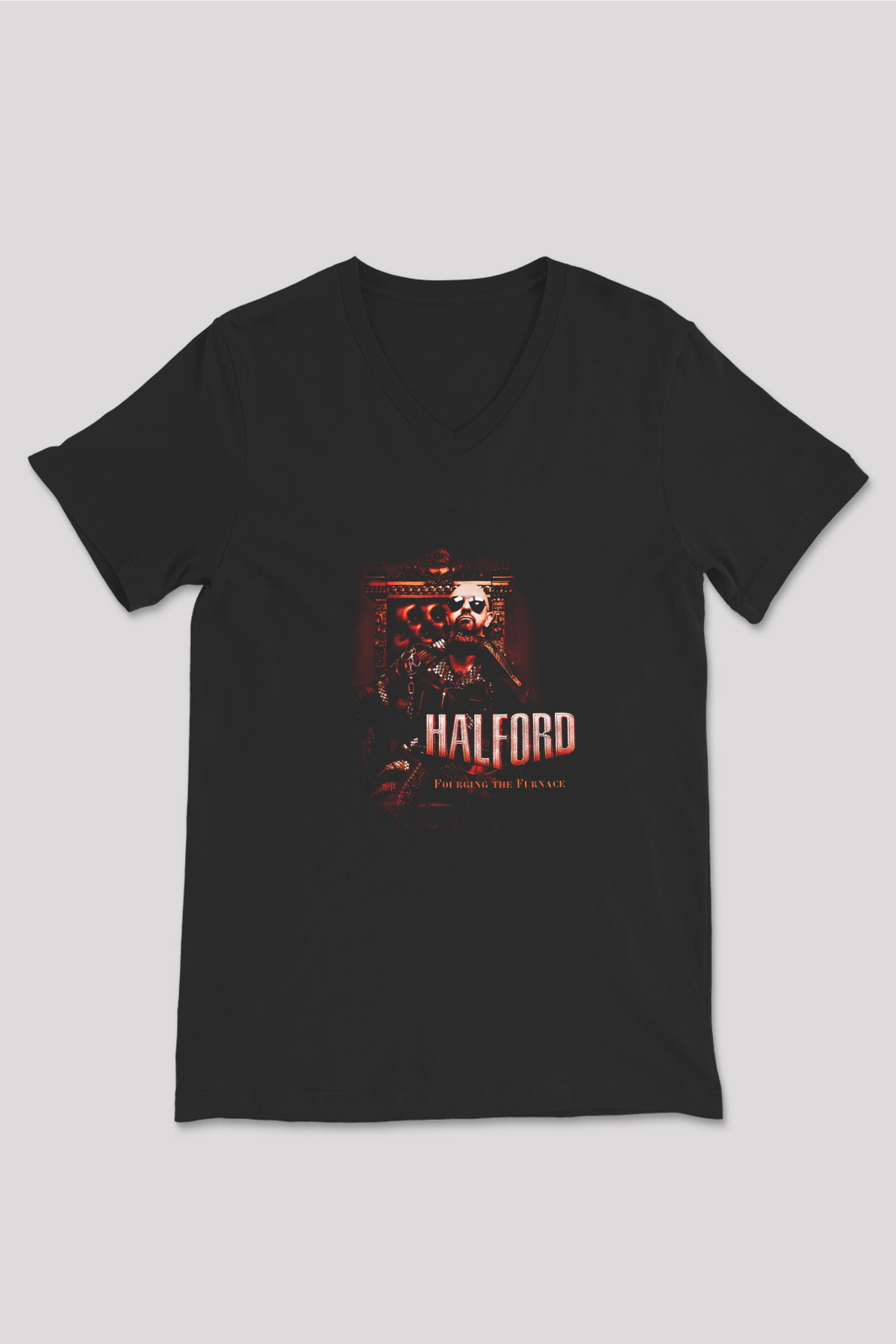 Halford Baskılı Unisex Siyah V Yaka Tişört