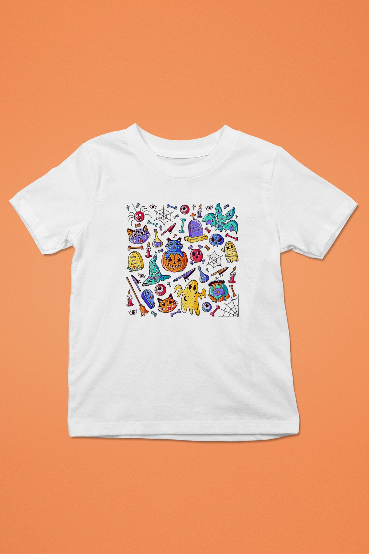 Halloween Baskılı Beyaz Unisex Beyaz Çocuk Tişört - Tshirt