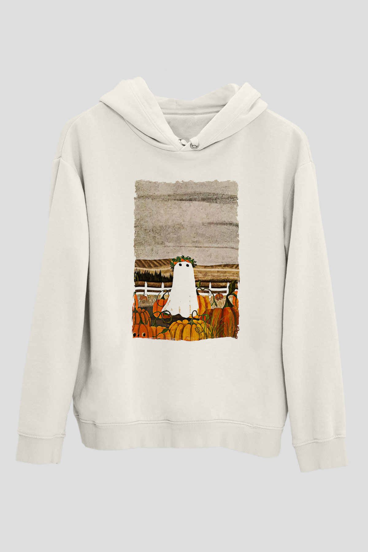 Halloween Baskılı Beyaz Unisex Hoodie