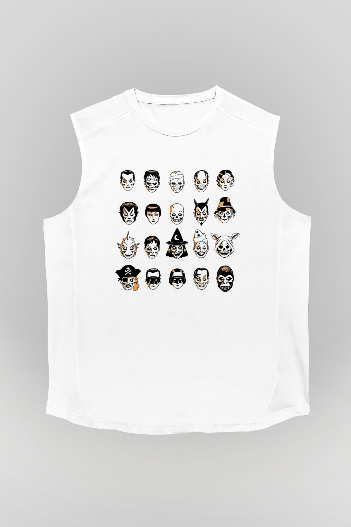 Halloween Baskılı Beyaz Unisex Kolsuz Tişört - Tshirt