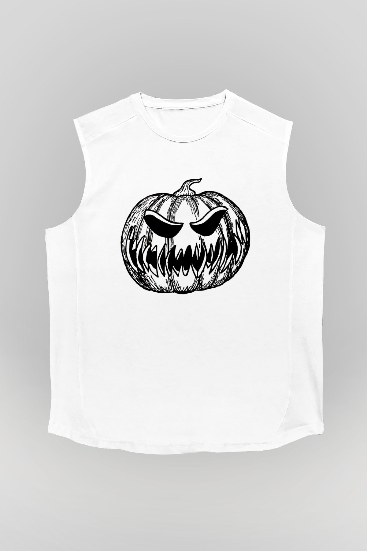 Halloween Baskılı Beyaz Unisex Kolsuz Tişört - Tshirt