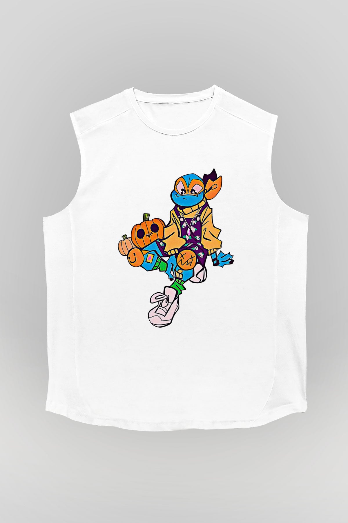 Halloween Baskılı Beyaz Unisex Kolsuz Tişört - Tshirt