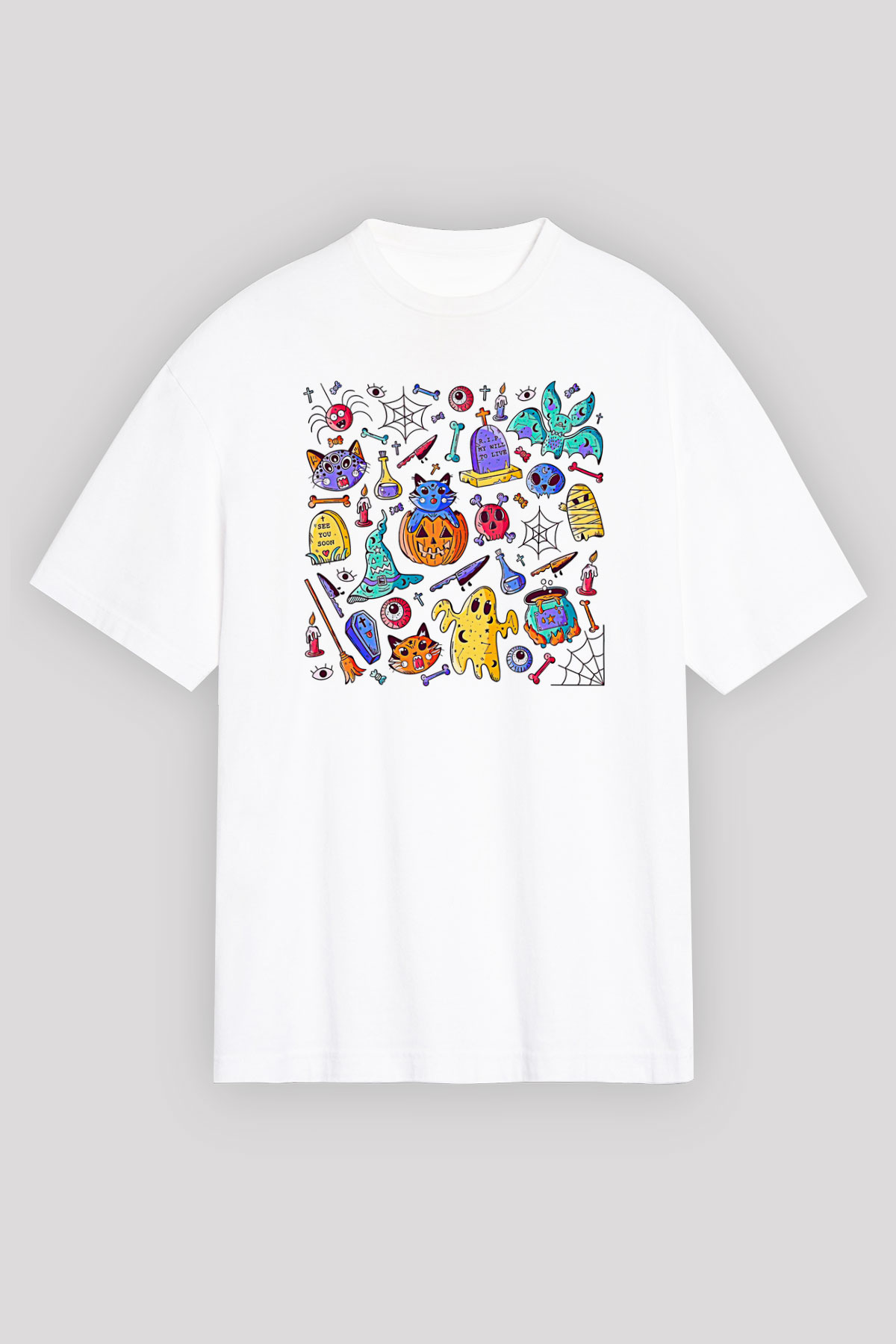 Halloween Baskılı Beyaz Unisex Oversize Tişört - Tshirt