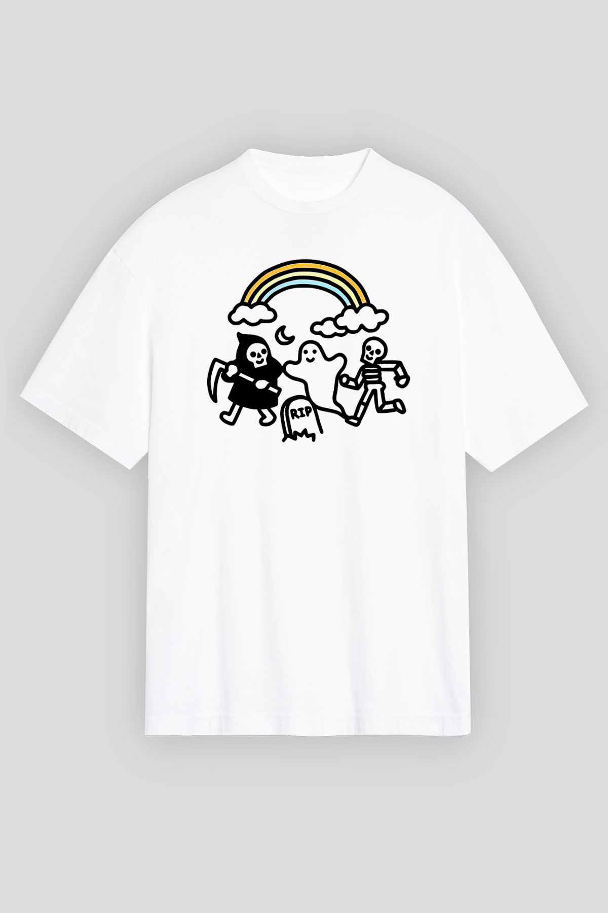 Halloween Baskılı Beyaz Unisex Oversize Tişört - Tshirt