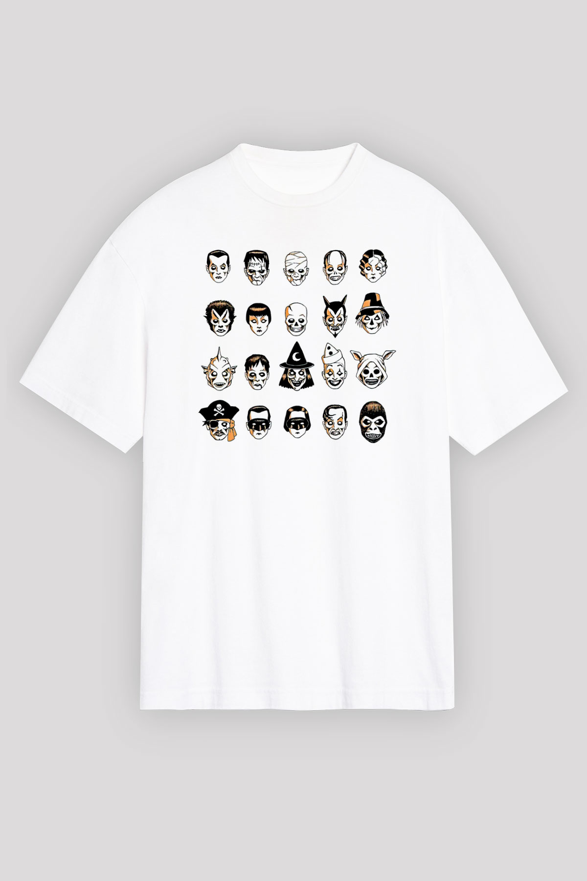 Halloween Baskılı Beyaz Unisex Oversize Tişört - Tshirt
