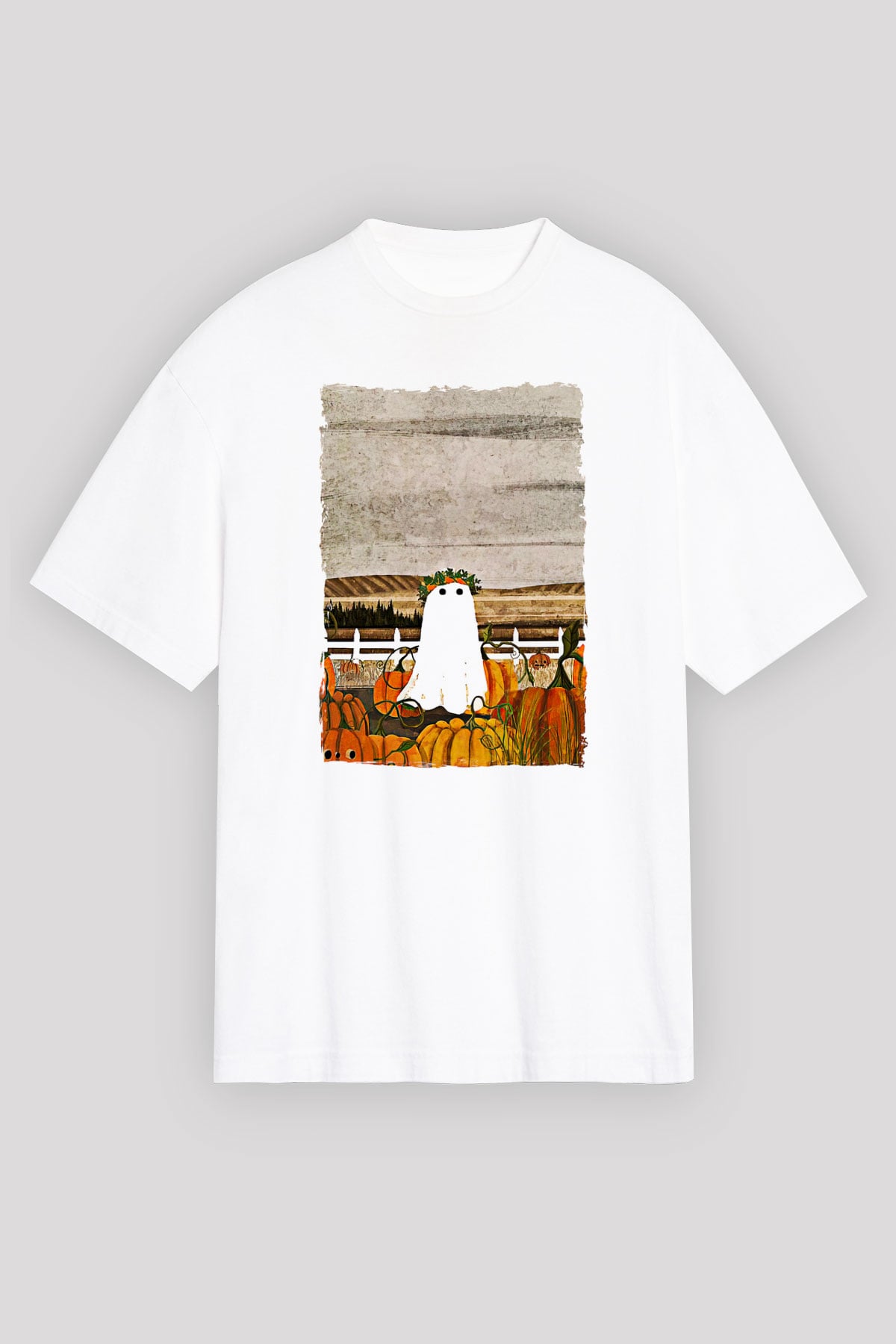 Halloween Baskılı Beyaz Unisex Oversize Tişört - Tshirt