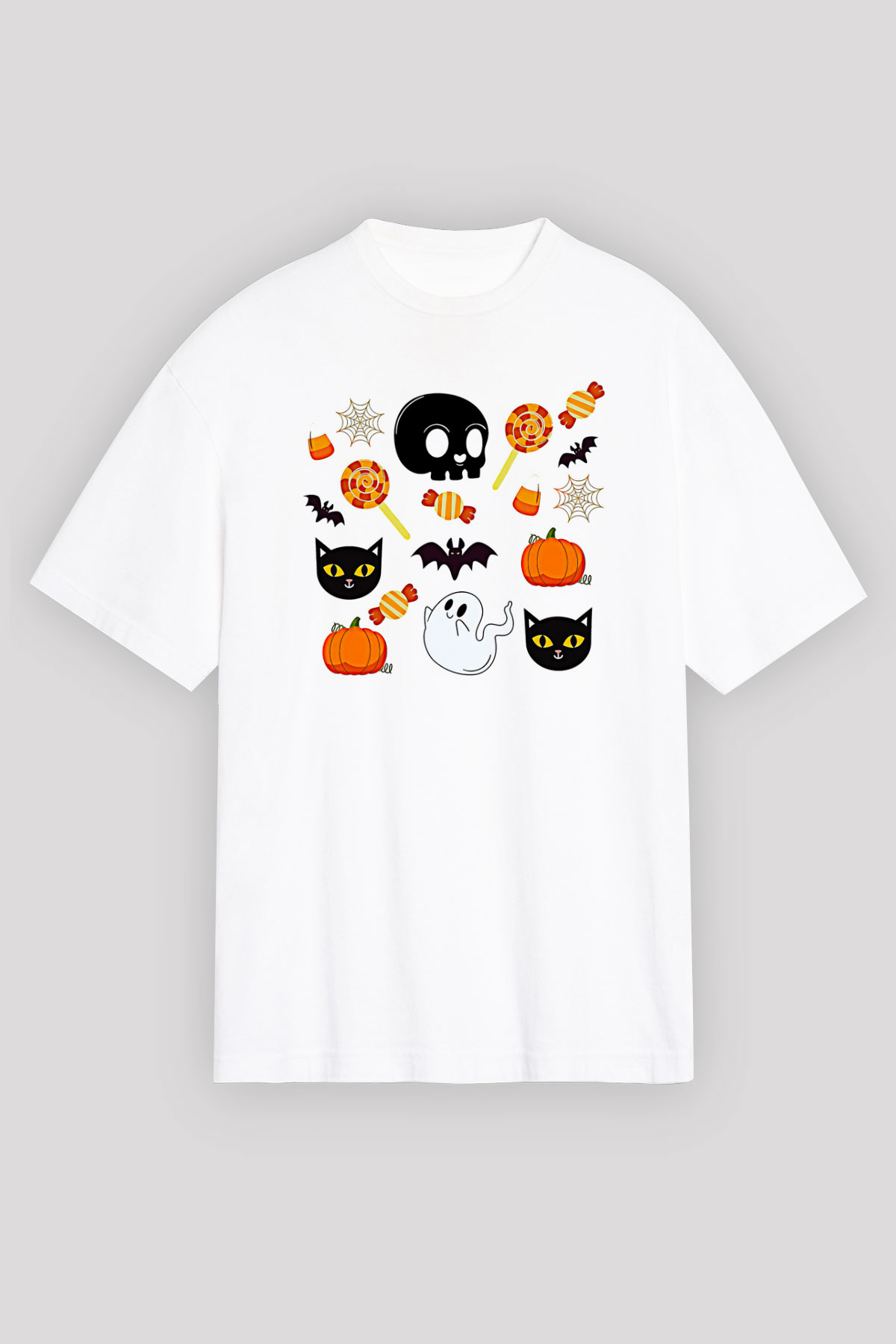 Halloween Baskılı Beyaz Unisex Oversize Tişört - Tshirt