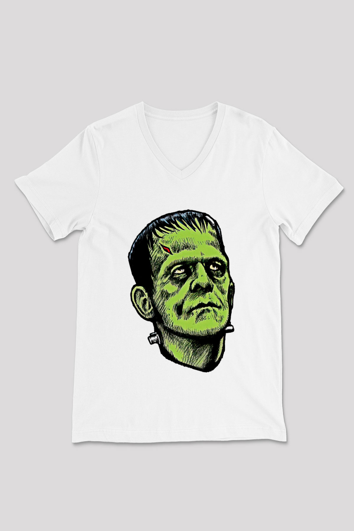 Halloween Baskılı Beyaz Unisex V Yaka Tişört - Tshirt
