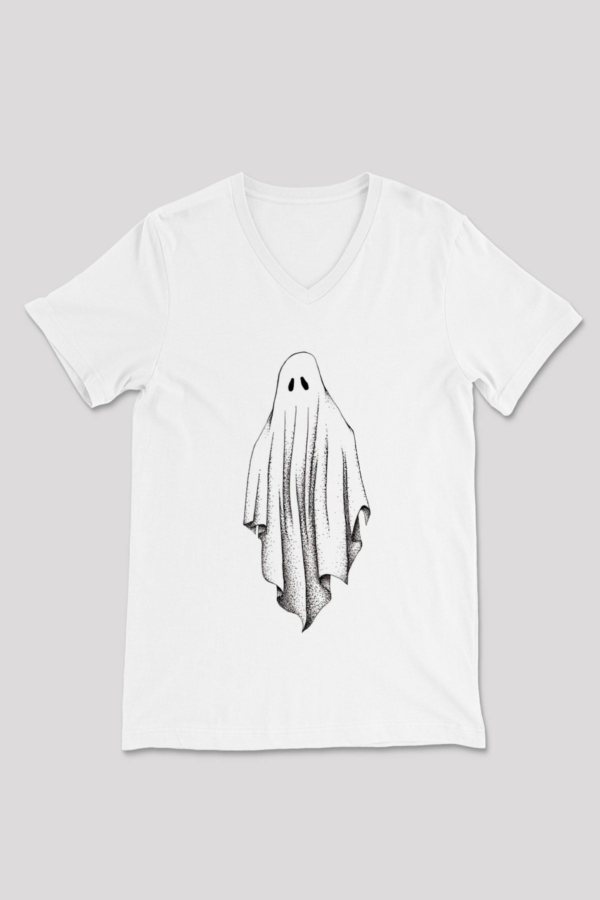 Halloween Baskılı Beyaz Unisex V Yaka Tişört - Tshirt