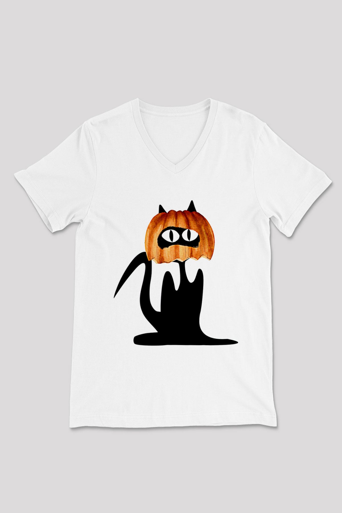 Halloween Baskılı Beyaz Unisex V Yaka Tişört - Tshirt