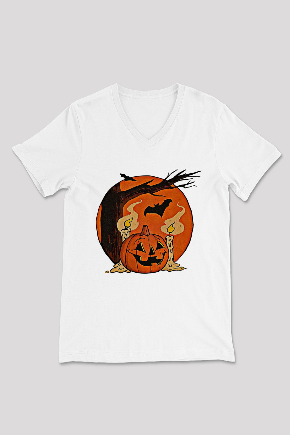 Halloween Baskılı Beyaz Unisex V Yaka Tişört - Tshirt