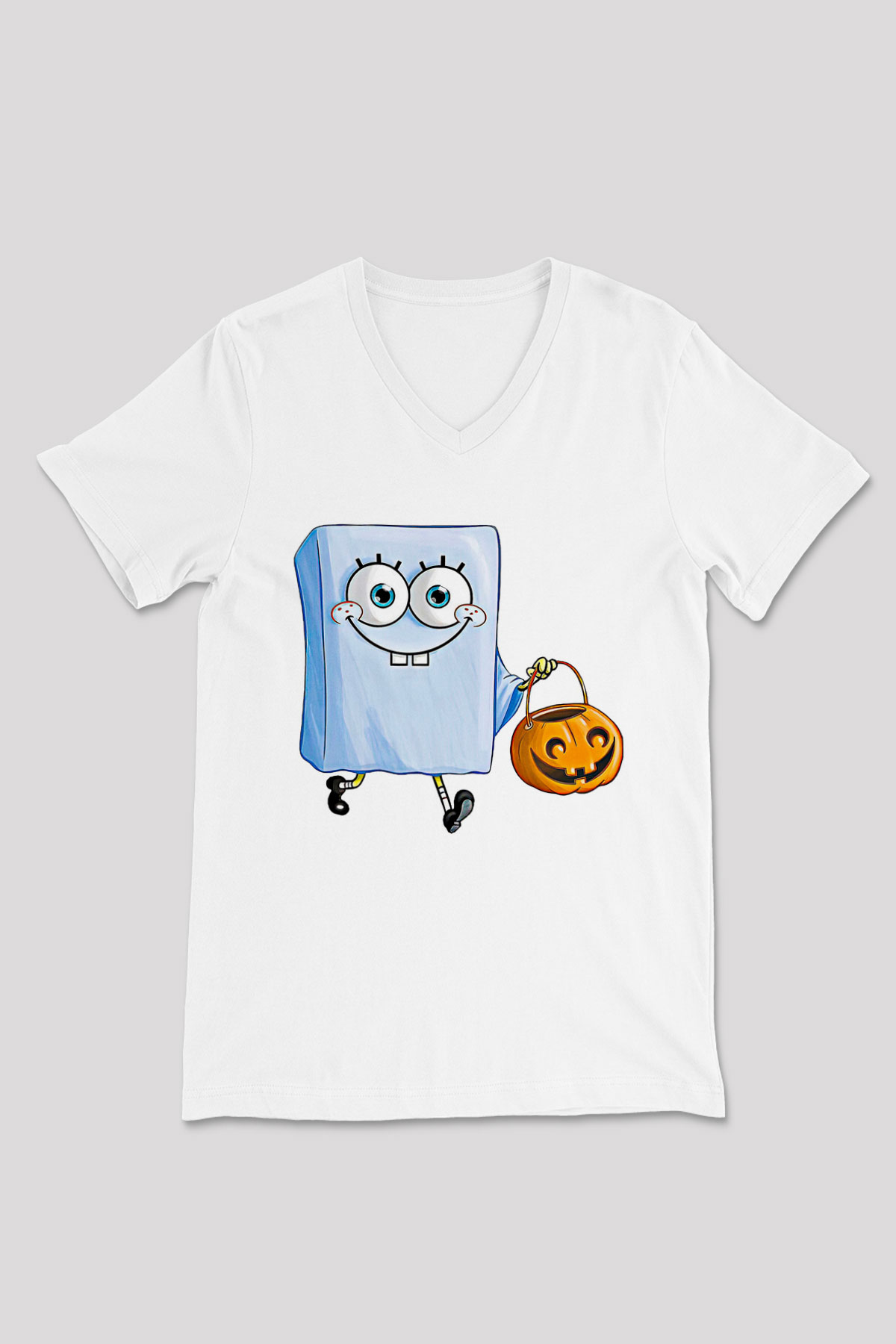 Halloween Baskılı Beyaz Unisex V Yaka Tişört - Tshirt