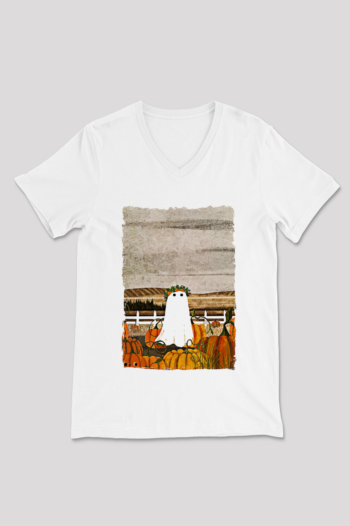 Halloween Baskılı Beyaz Unisex V Yaka Tişört - Tshirt