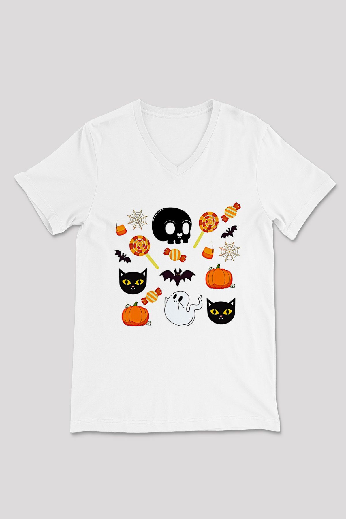 Halloween Baskılı Beyaz Unisex V Yaka Tişört - Tshirt