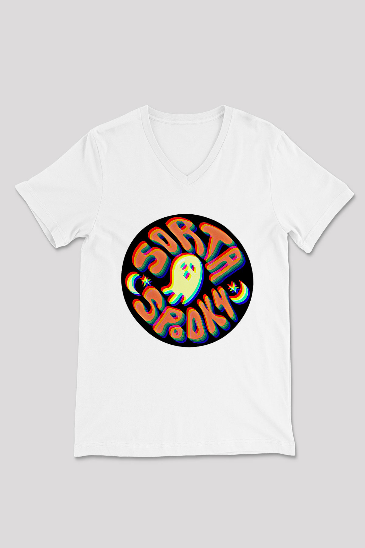 Halloween Baskılı Beyaz Unisex V Yaka Tişört - Tshirt