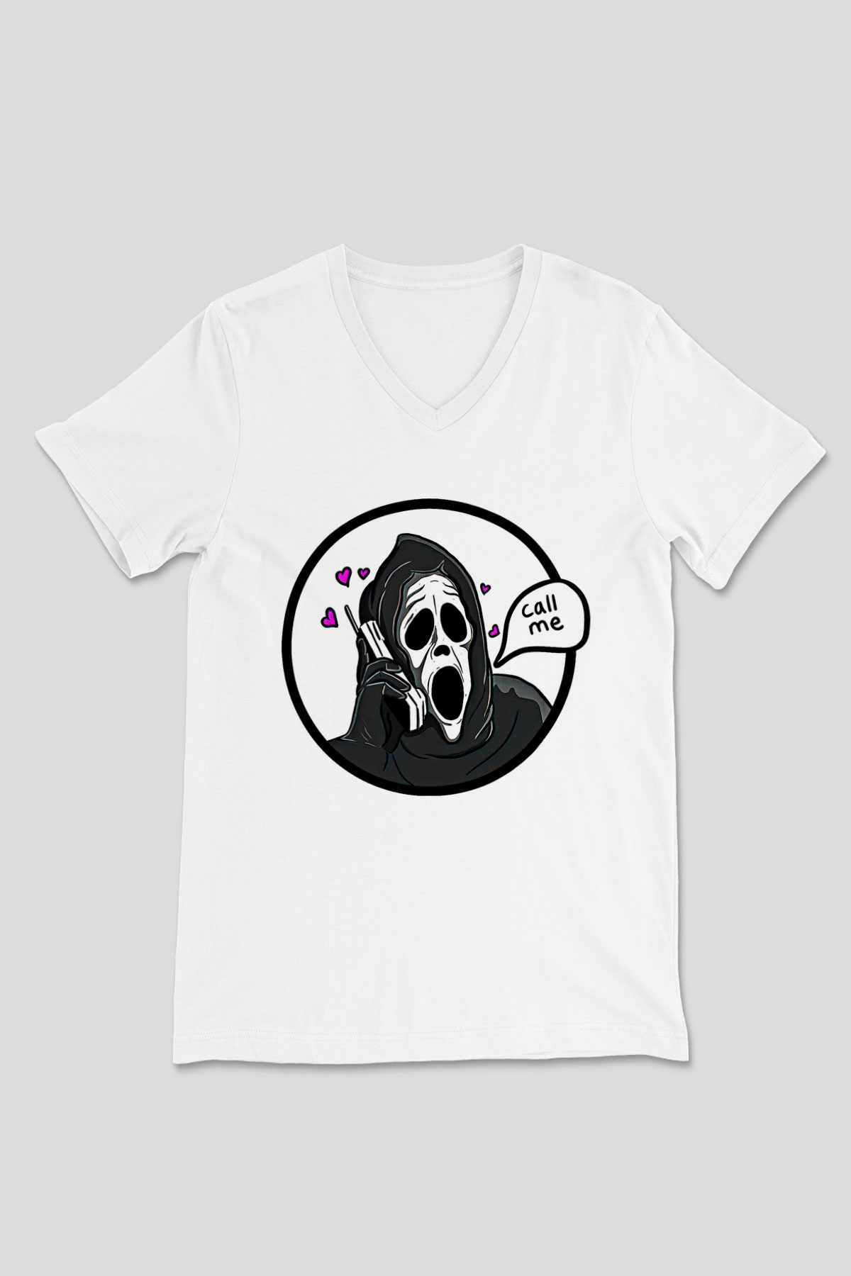 Halloween Baskılı Beyaz Unisex V Yaka Tişört - Tshirt