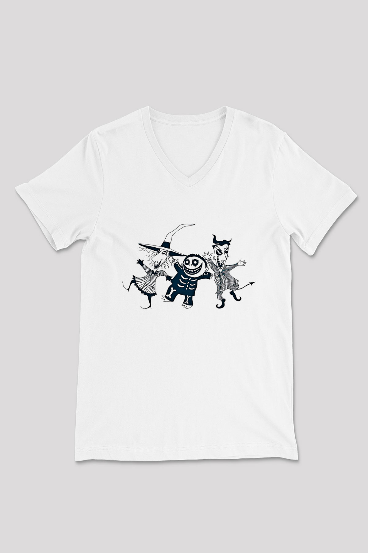Halloween Baskılı Beyaz Unisex V Yaka Tişört - Tshirt
