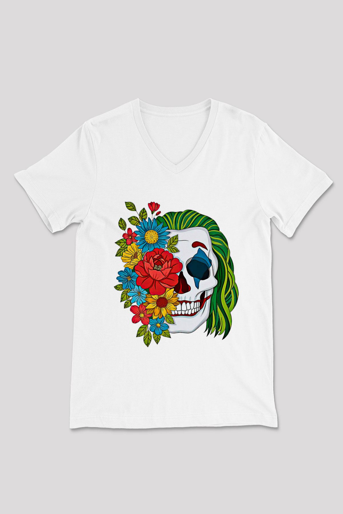 Halloween Baskılı Beyaz Unisex V Yaka Tişört - Tshirt
