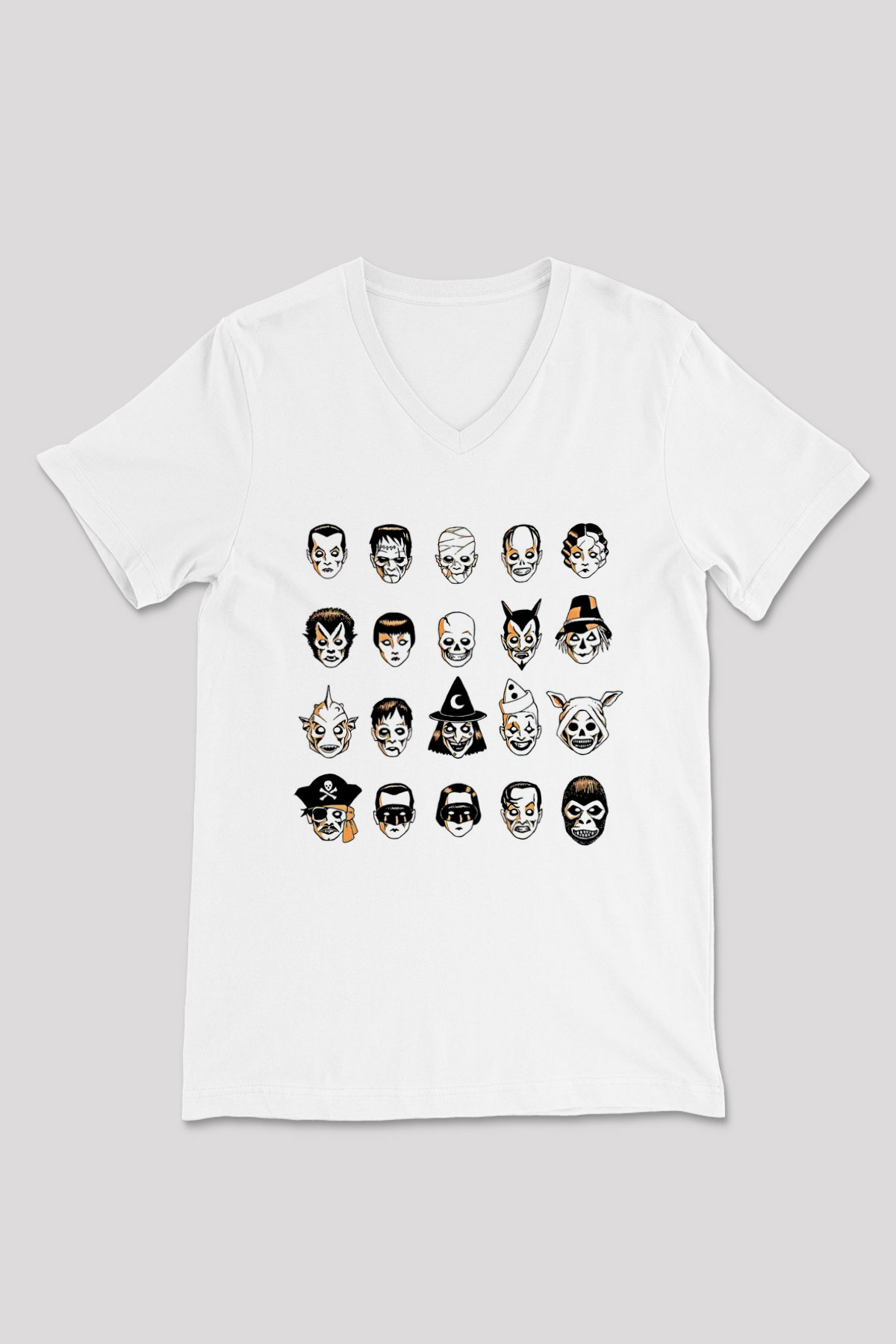 Halloween Baskılı Beyaz Unisex V Yaka Tişört - Tshirt