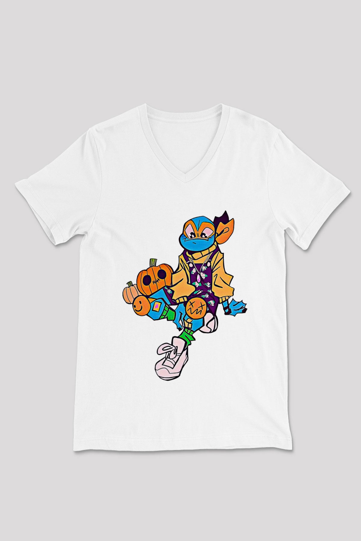 Halloween Baskılı Beyaz Unisex V Yaka Tişört - Tshirt