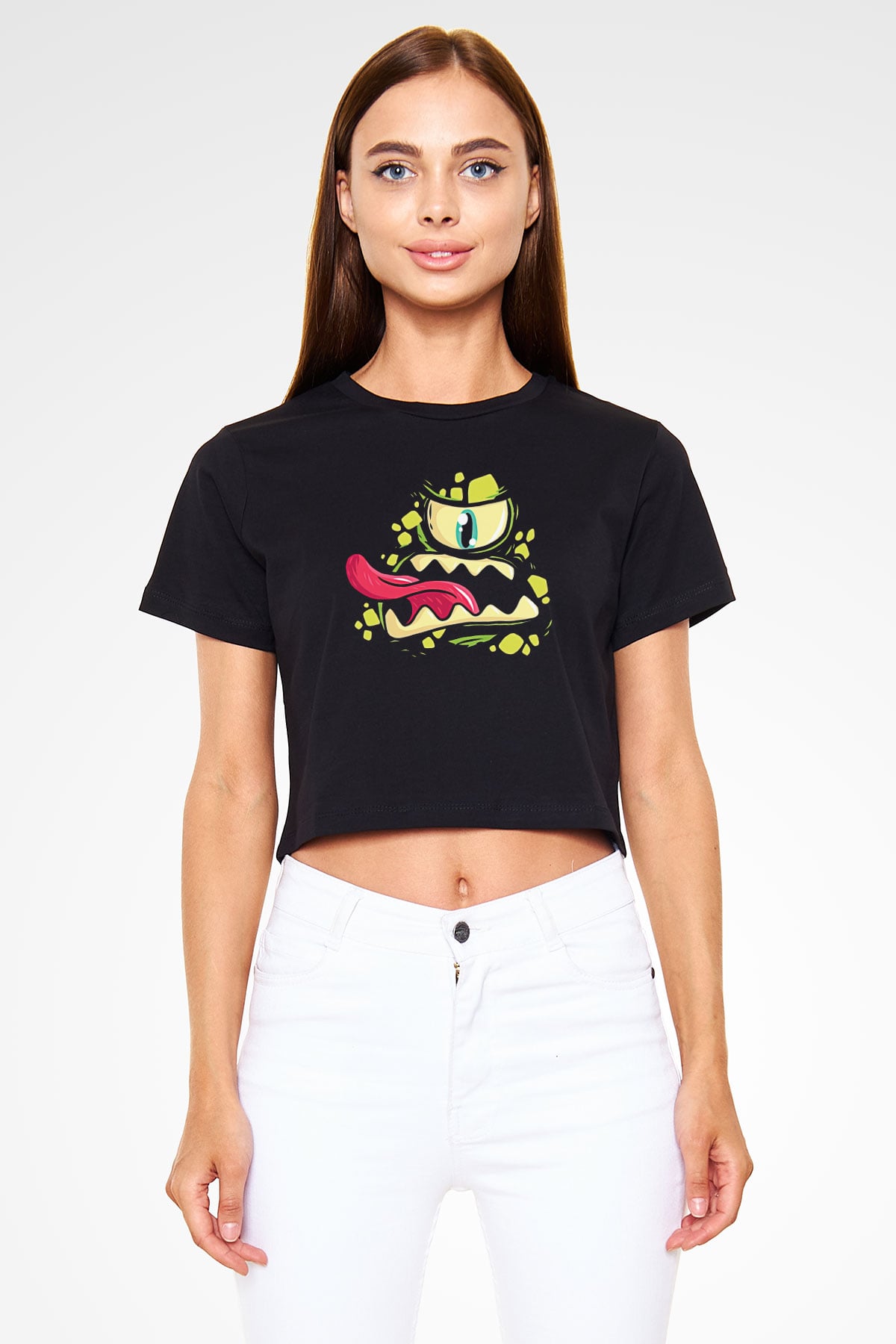 Halloween Baskılı Siyah Crop Top Kadın Tişört - Tshirt