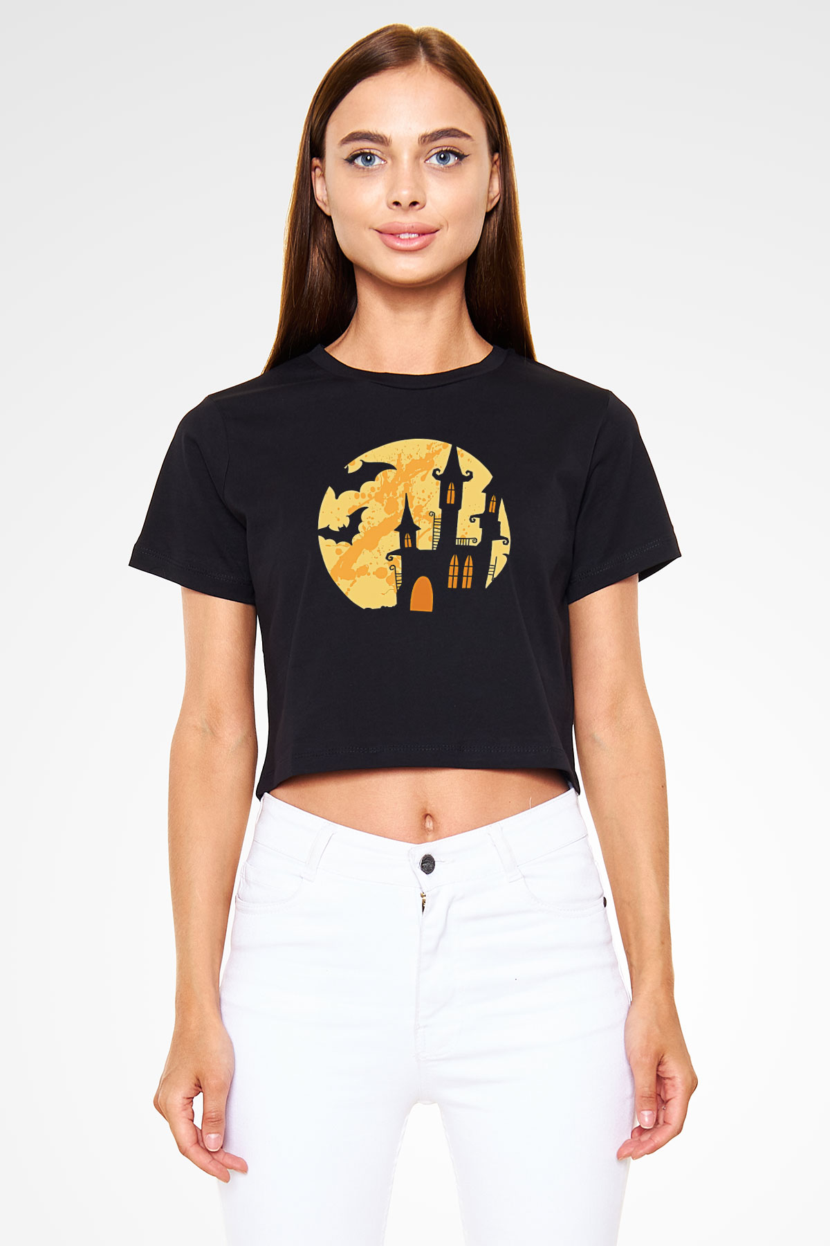 Halloween Baskılı Siyah Crop Top Kadın Tişört - Tshirt