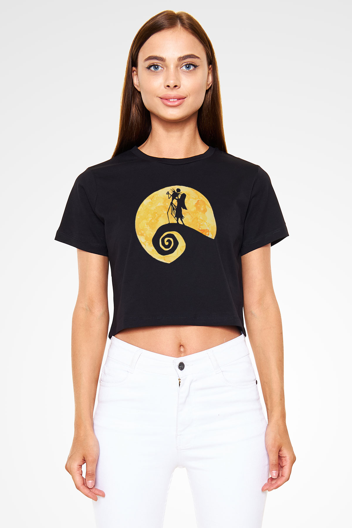 Halloween Baskılı Siyah Crop Top Kadın Tişört - Tshirt