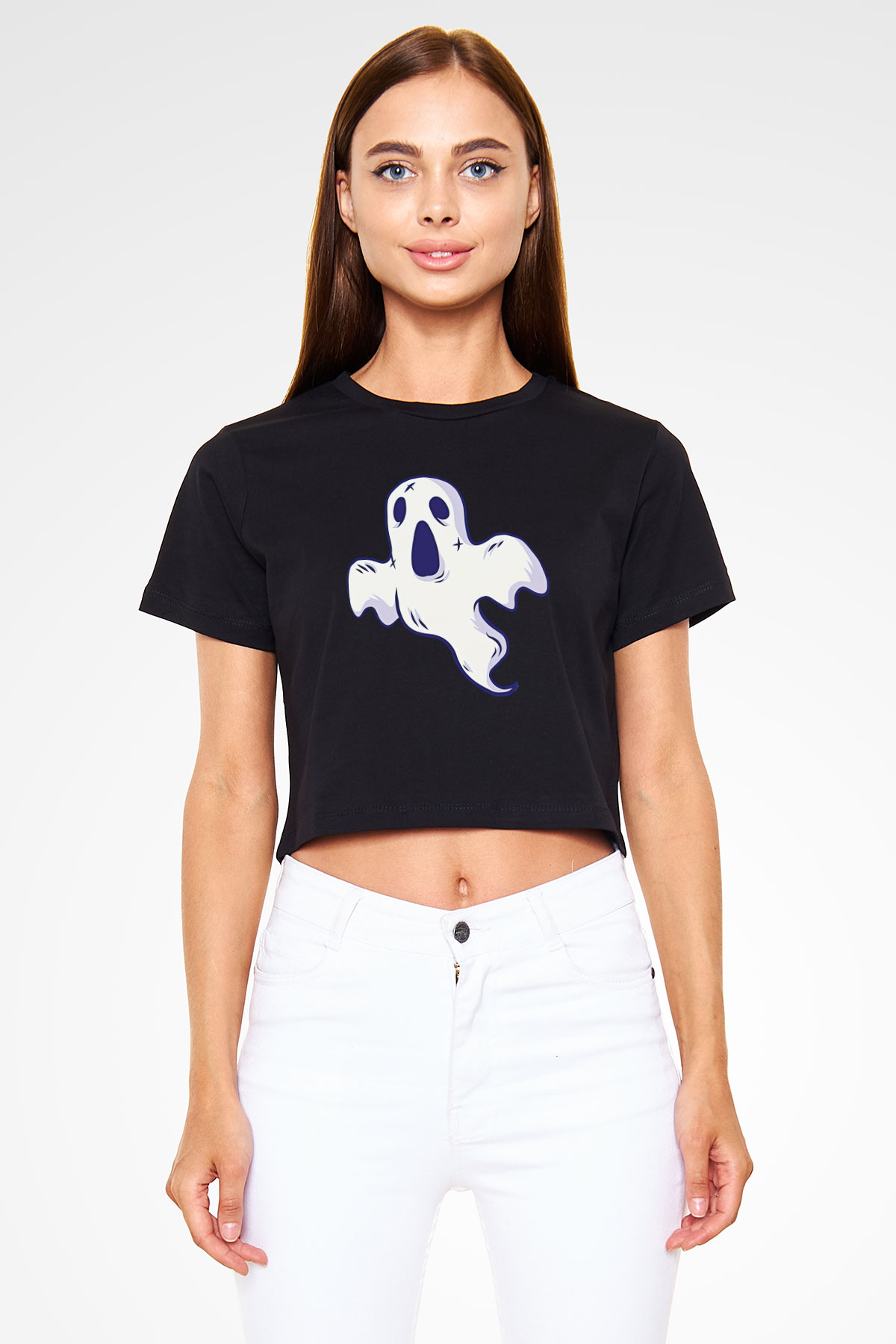 Halloween Baskılı Siyah Crop Top Kadın Tişört - Tshirt