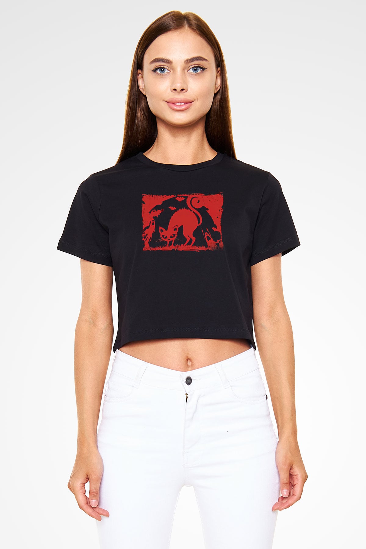 Halloween Baskılı Siyah Crop Top Kadın Tişört - Tshirt