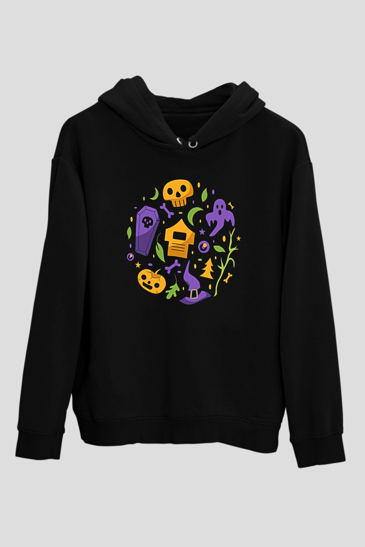 Halloween Baskılı Unisex Siyah Hoodie