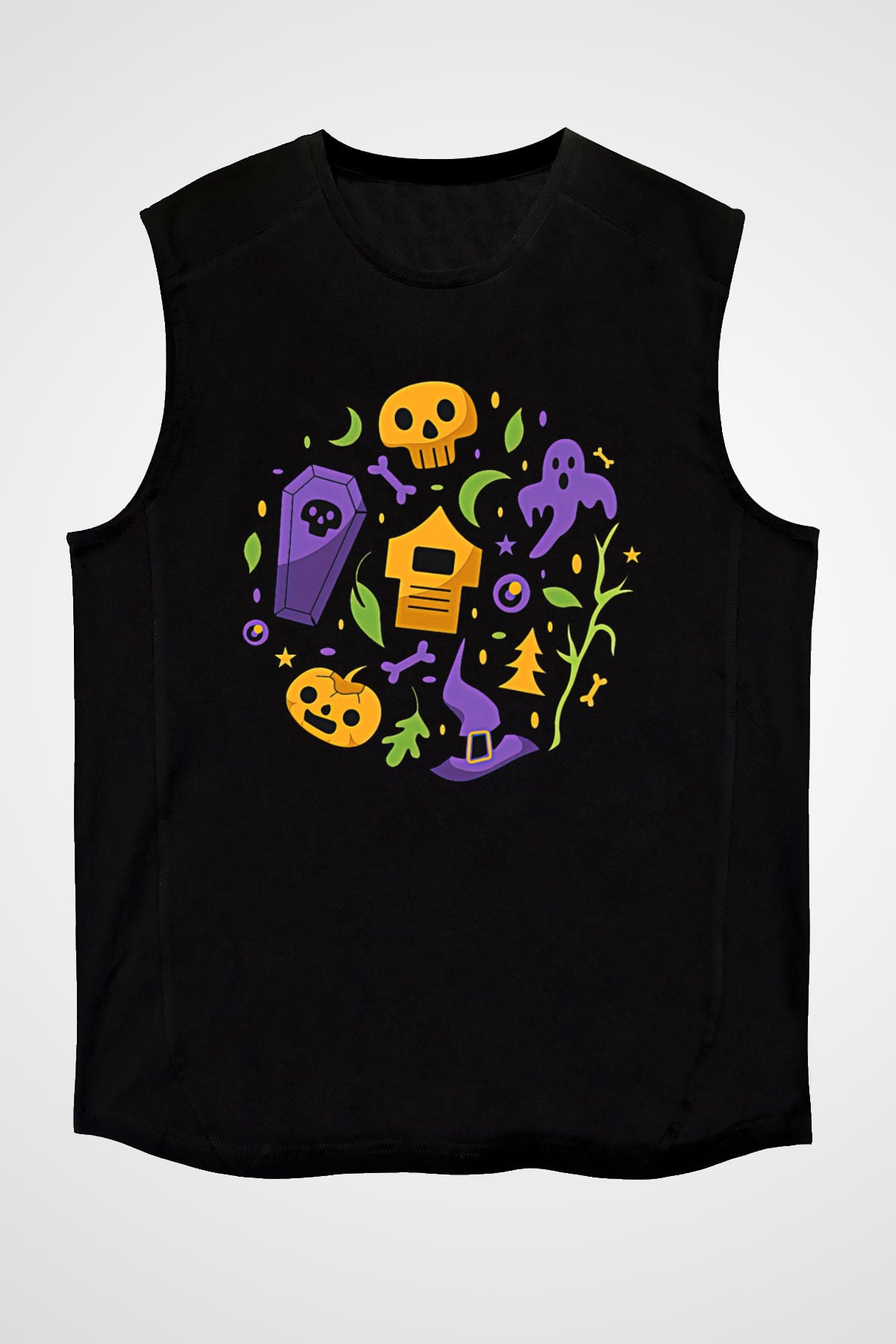 Halloween Baskılı Unisex Siyah Kolsuz Tişört - Tshirt