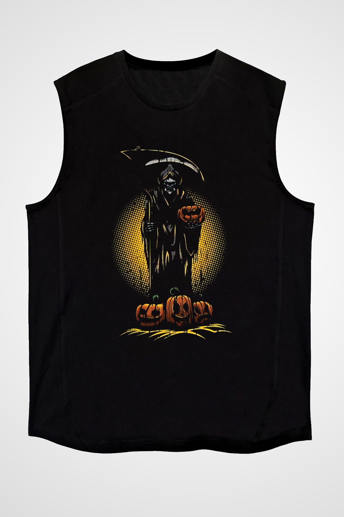 Halloween Baskılı Unisex Siyah Kolsuz Tişört - Tshirt