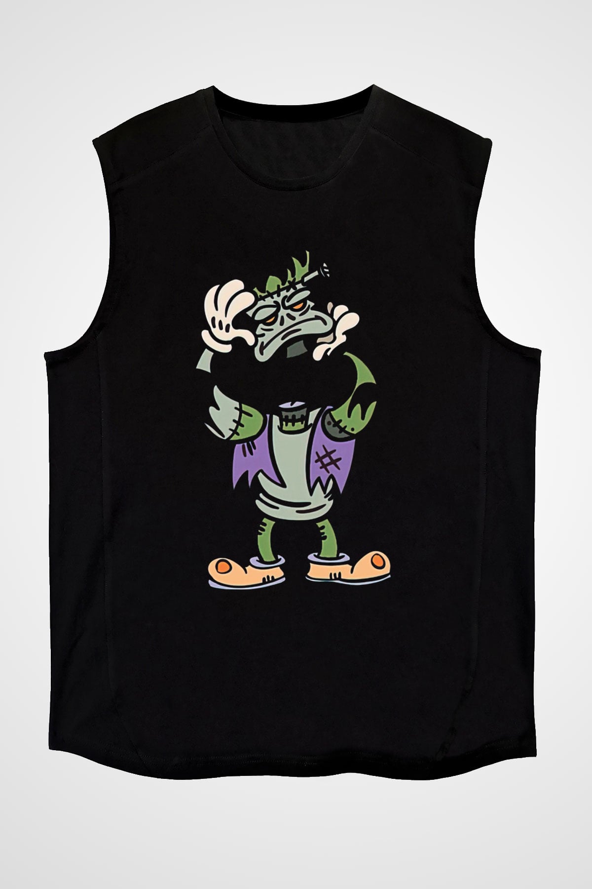 Halloween Baskılı Unisex Siyah Kolsuz Tişört - Tshirt