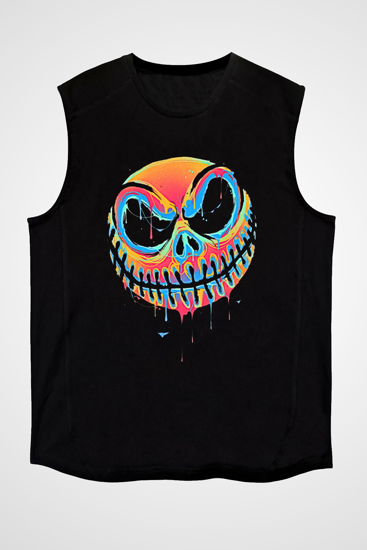Halloween Baskılı Unisex Siyah Kolsuz Tişört - Tshirt
