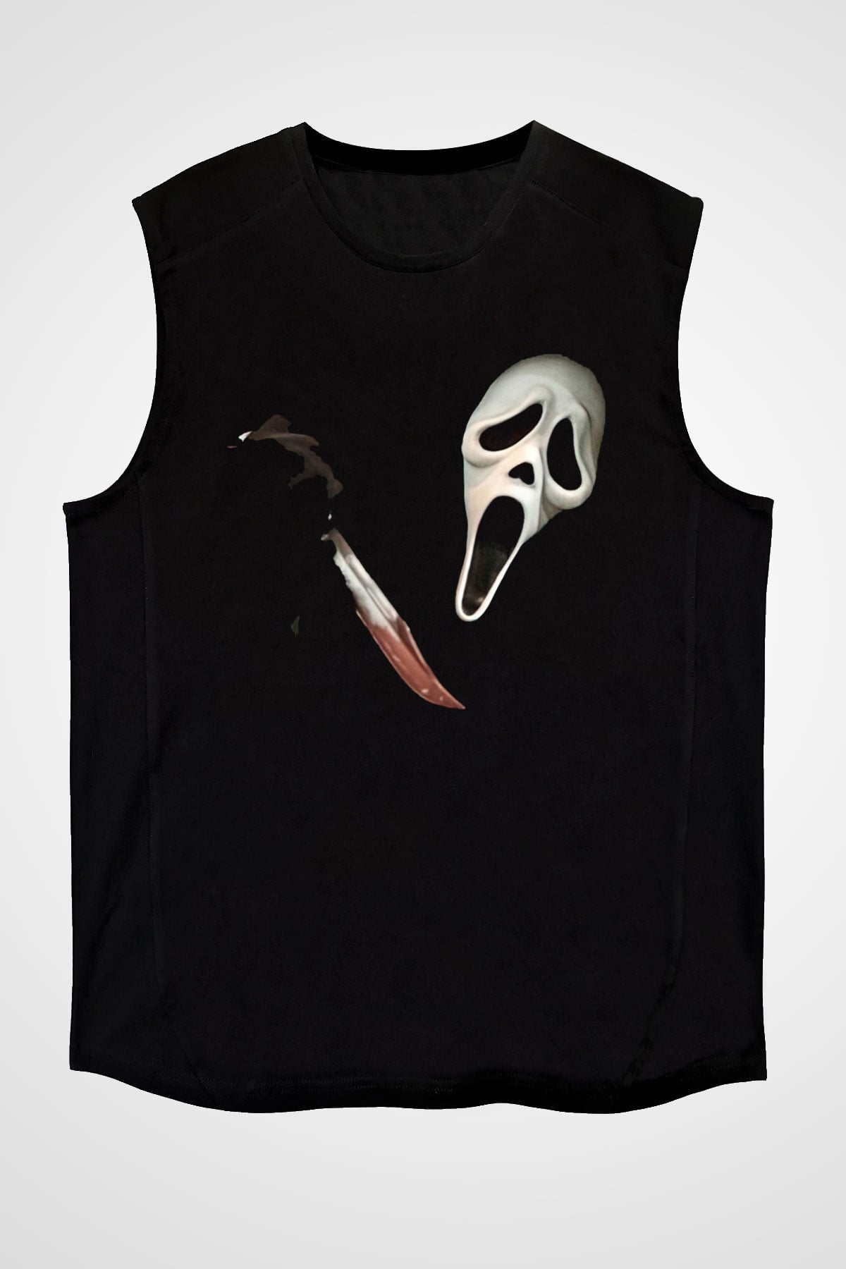 Halloween Baskılı Unisex Siyah Kolsuz Tişört - Tshirt