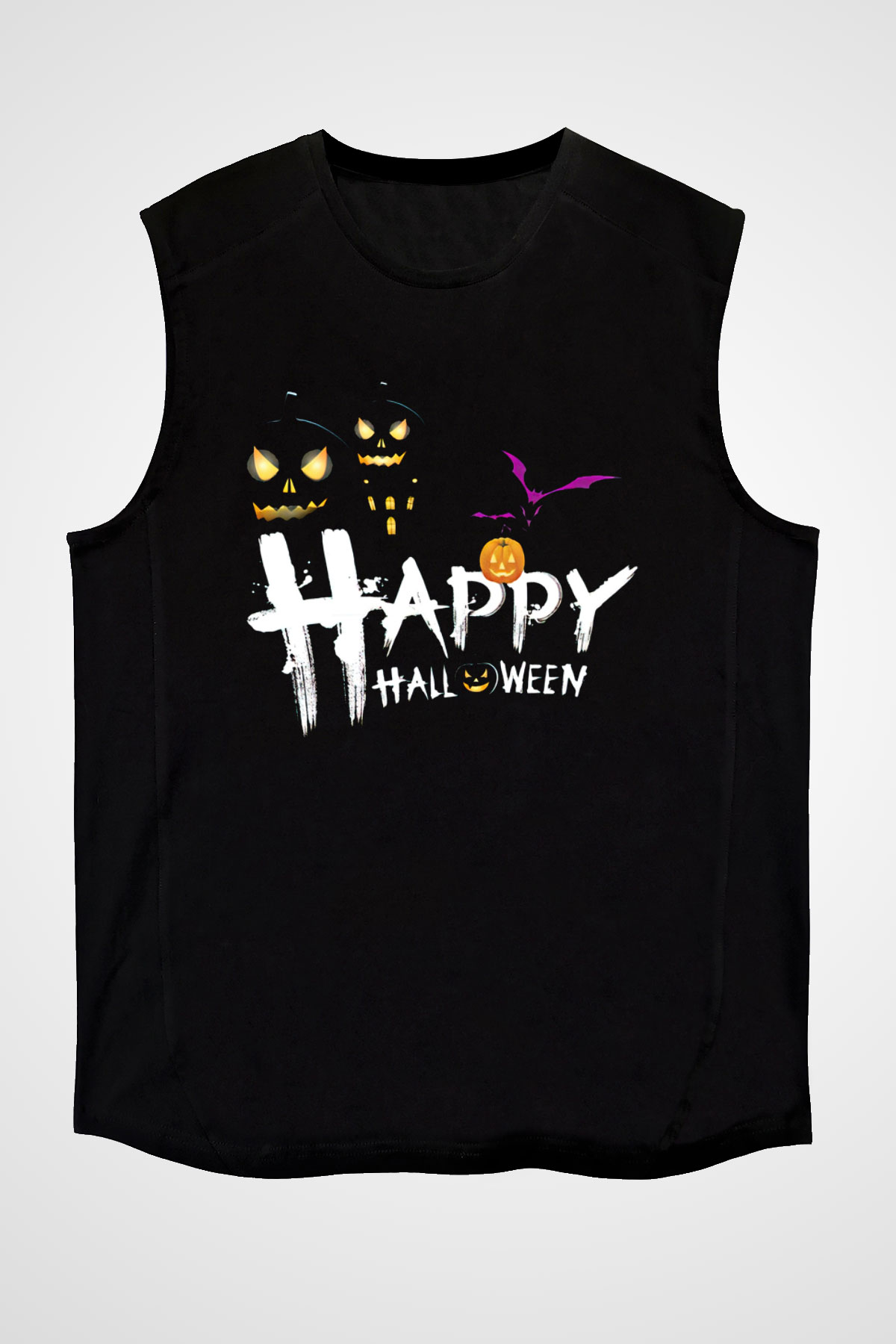 Halloween Baskılı Unisex Siyah Kolsuz Tişört - Tshirt