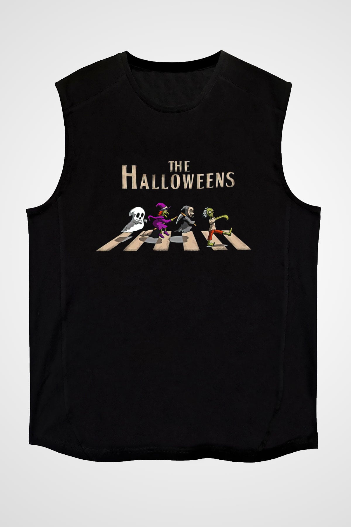 Halloween Baskılı Unisex Siyah Kolsuz Tişört - Tshirt