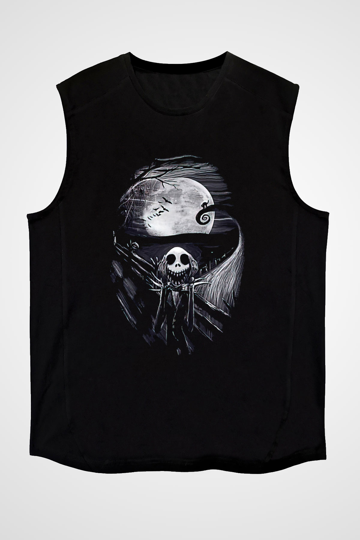 Halloween Baskılı Unisex Siyah Kolsuz Tişört - Tshirt