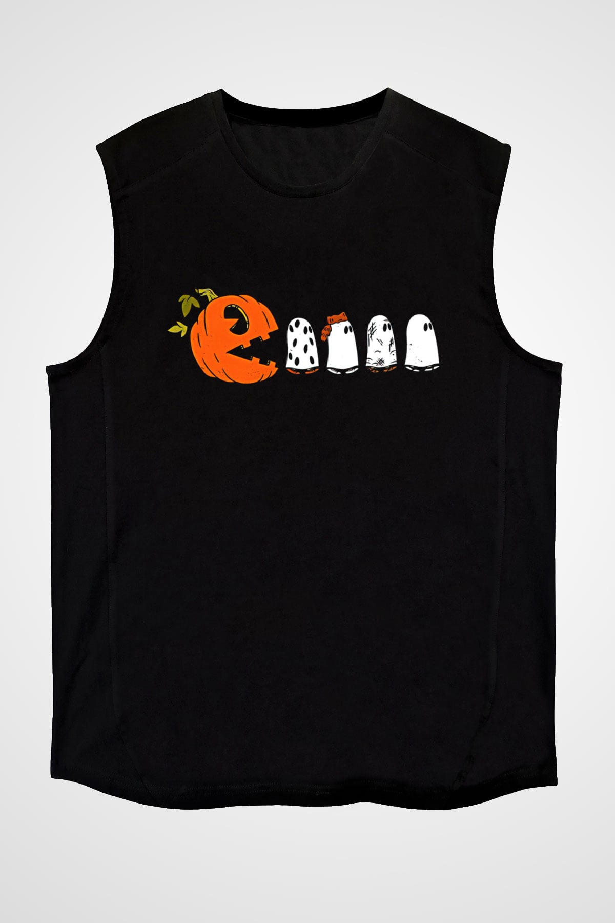 Halloween Baskılı Unisex Siyah Kolsuz Tişört - Tshirt