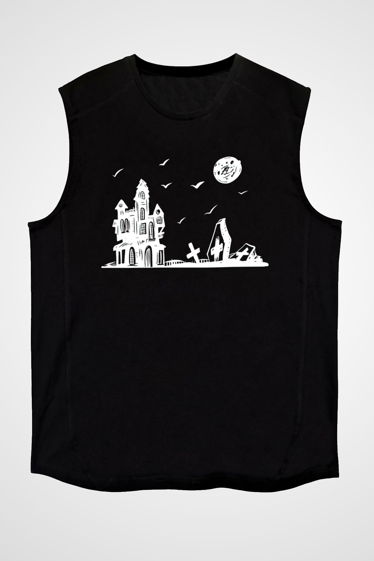 Halloween Baskılı Unisex Siyah Kolsuz Tişört - Tshirt