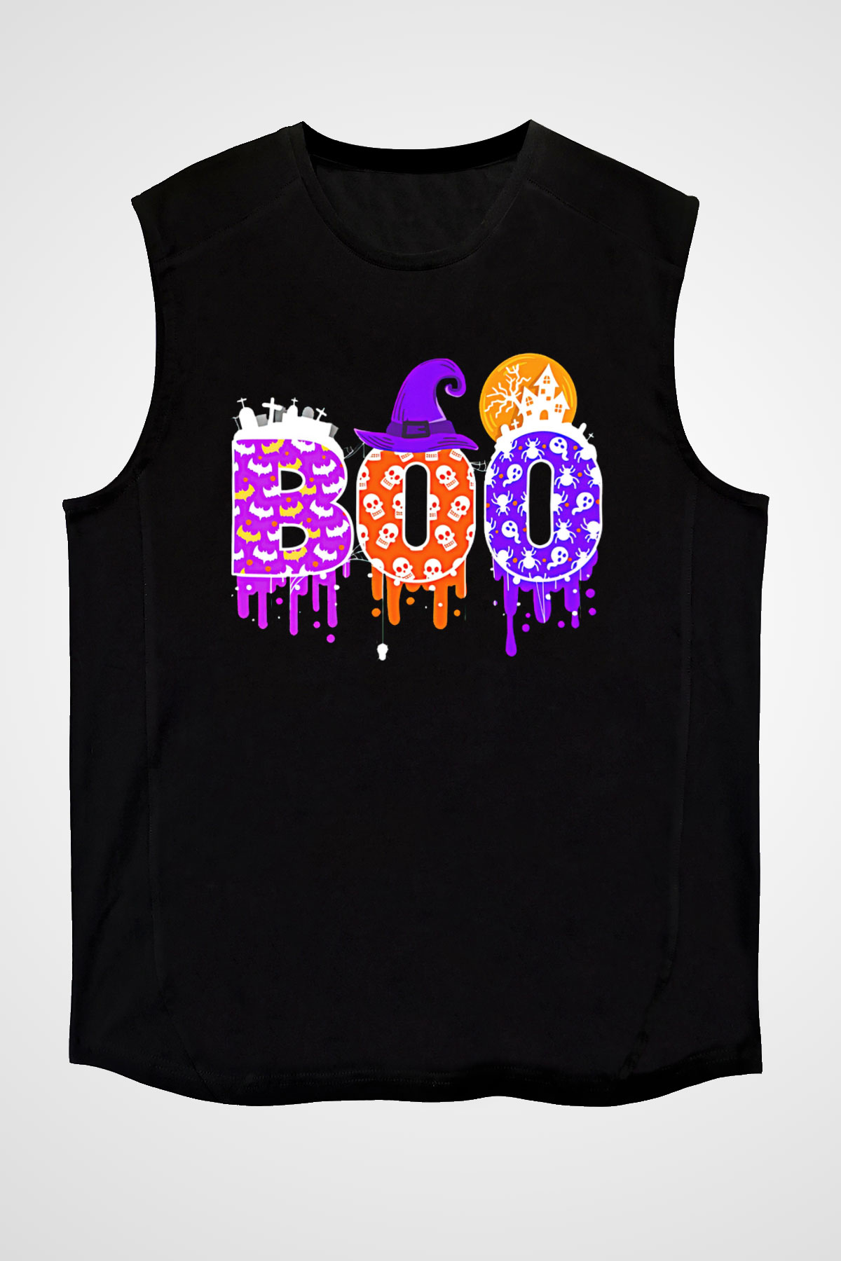 Halloween Baskılı Unisex Siyah Kolsuz Tişört - Tshirt