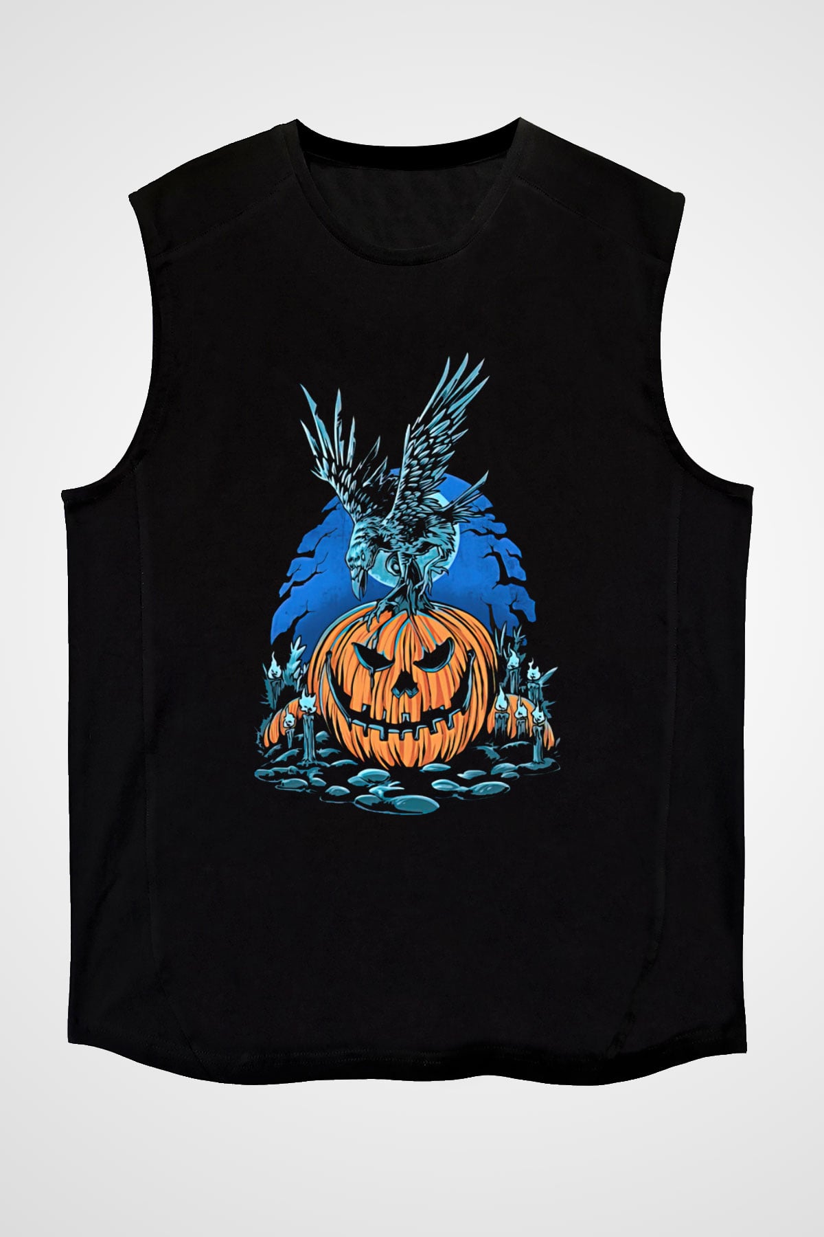 Halloween Baskılı Unisex Siyah Kolsuz Tişört - Tshirt