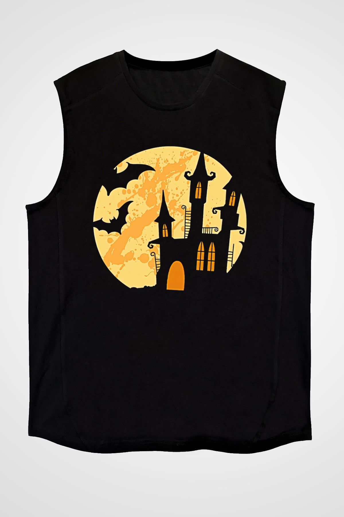 Halloween Baskılı Unisex Siyah Kolsuz Tişört - Tshirt