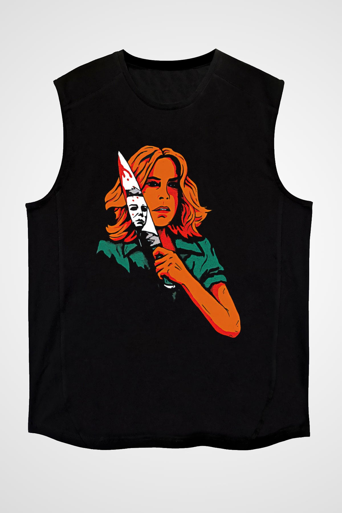 Halloween Baskılı Unisex Siyah Kolsuz Tişört - Tshirt